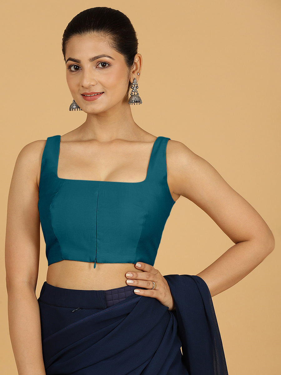 Kasturi x Rozaana Saree Blouse, in Blue Viscose, featuring sleeveless and square neckline, made for daily & work (view 6).