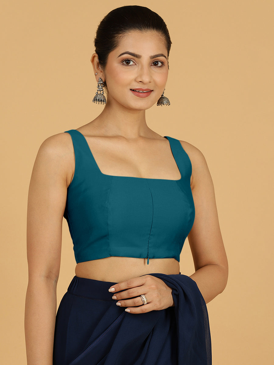 Kasturi x Rozaana Saree Blouse, in Blue Viscose, featuring sleeveless and square neckline, made for daily & work (view 8).