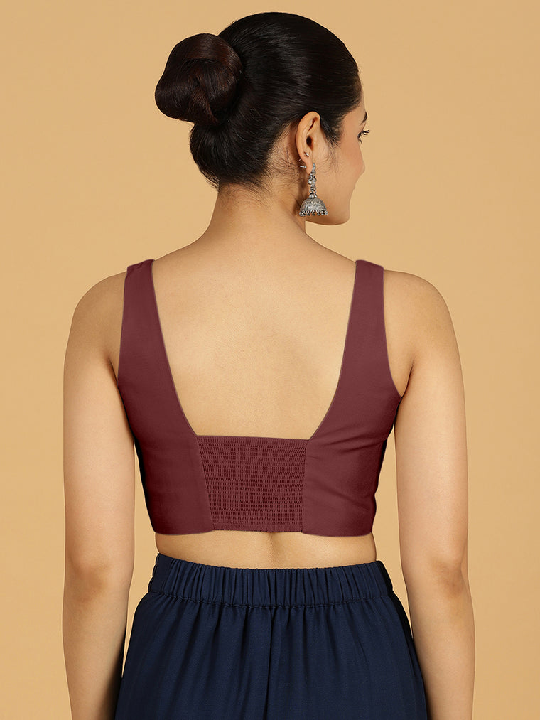 Kasturi x Rozaana Saree Blouse, in Maroon Viscose, featuring sleeveless and square neckline, made for daily & work (view 2).