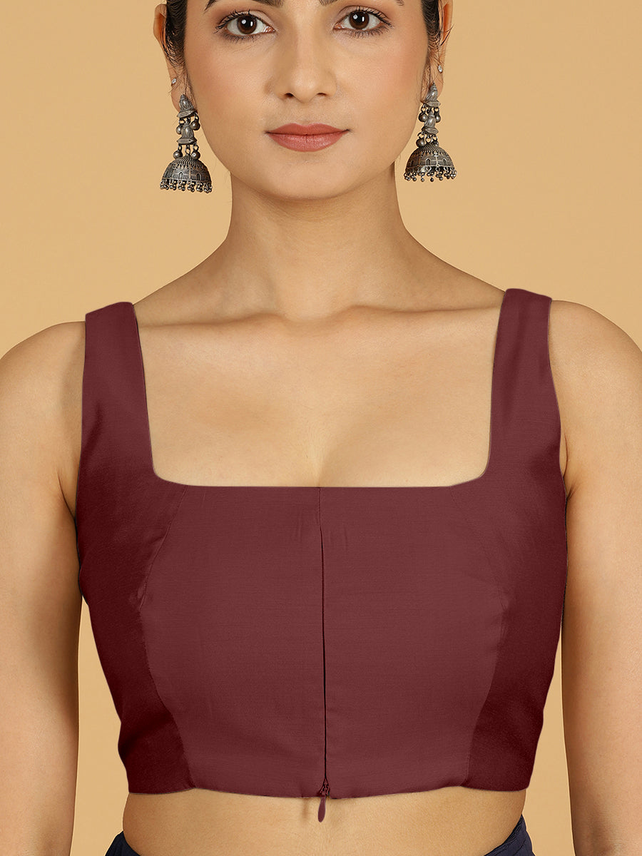 Kasturi x Rozaana Saree Blouse, in Maroon Viscose, featuring sleeveless and square neckline, made for daily & work (view 3).