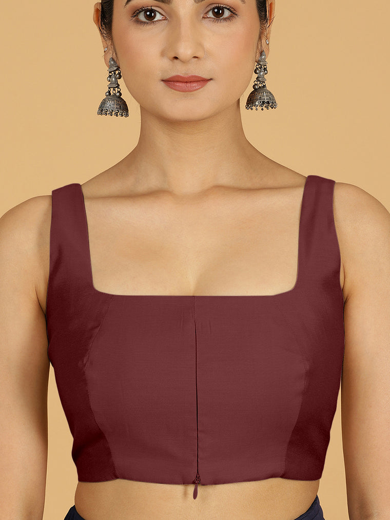 Kasturi x Rozaana Saree Blouse, in Maroon Viscose, featuring sleeveless and square neckline, made for daily & work (view 3).