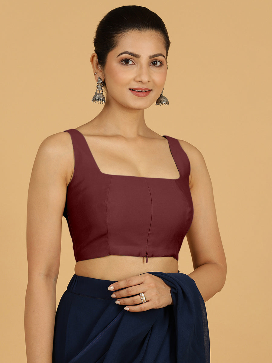 Kasturi x Rozaana Saree Blouse, in Maroon Viscose, featuring sleeveless and square neckline, made for daily & work (view 7).