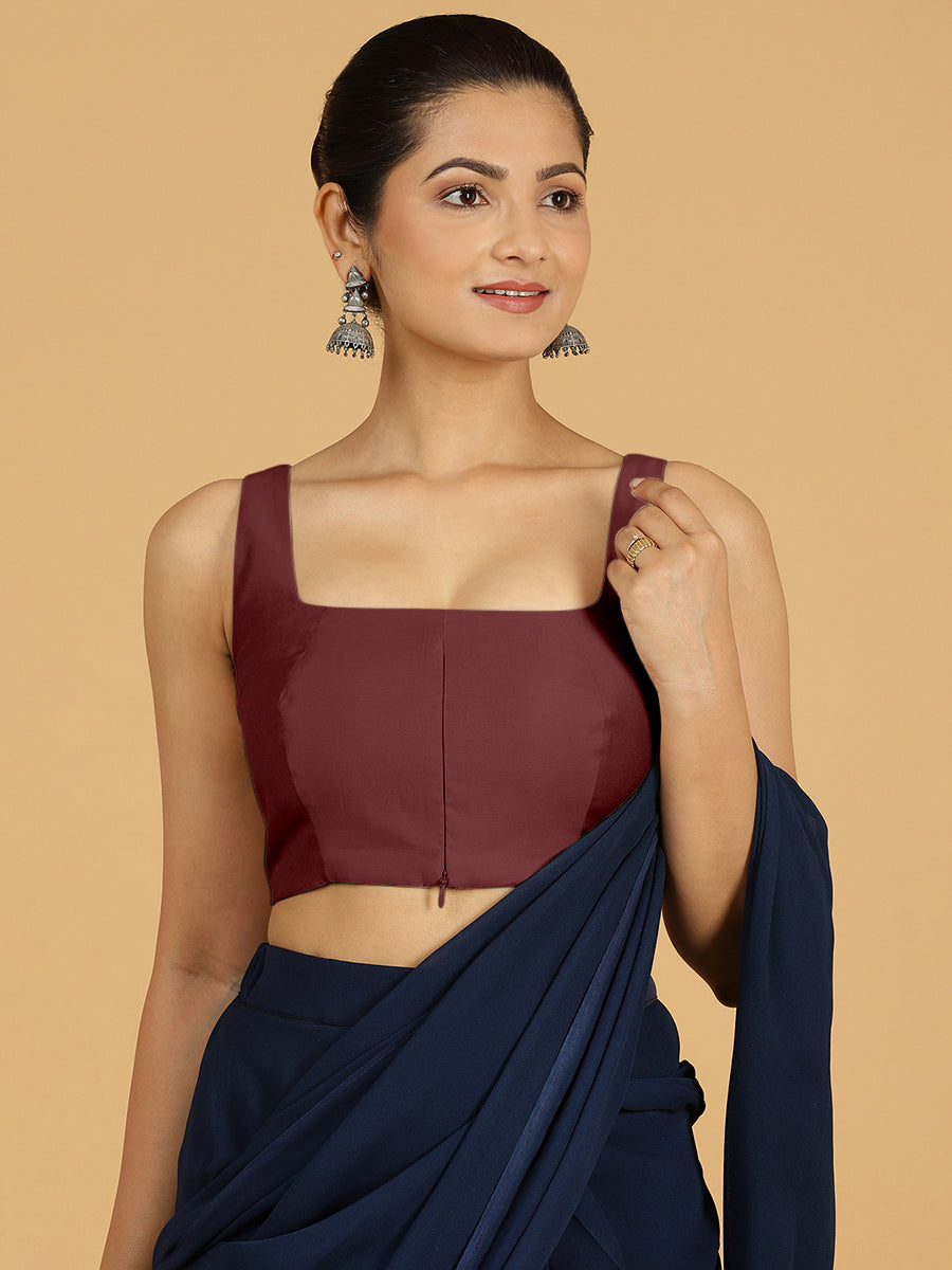Kasturi x Rozaana Saree Blouse, in Maroon Viscose, featuring sleeveless and square neckline, made for daily & work (view 8).
