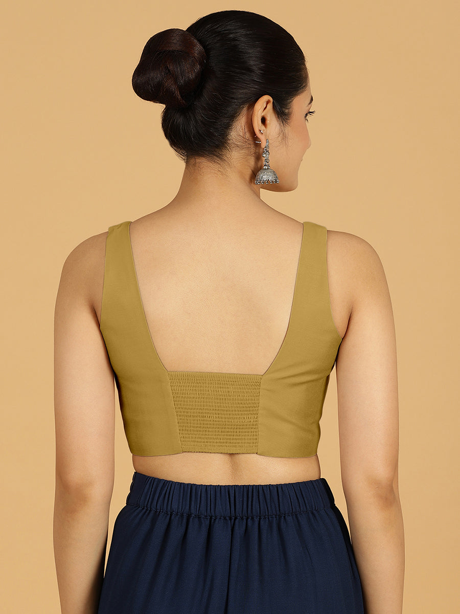 Kasturi x Rozaana Saree Blouse, in Yellow Viscose, featuring sleeveless and square neckline, made for daily & work (view 2).