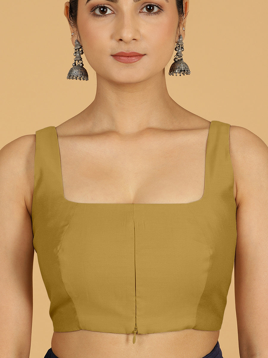 Kasturi x Rozaana Saree Blouse, in Yellow Viscose, featuring sleeveless and square neckline, made for daily & work (view 3).