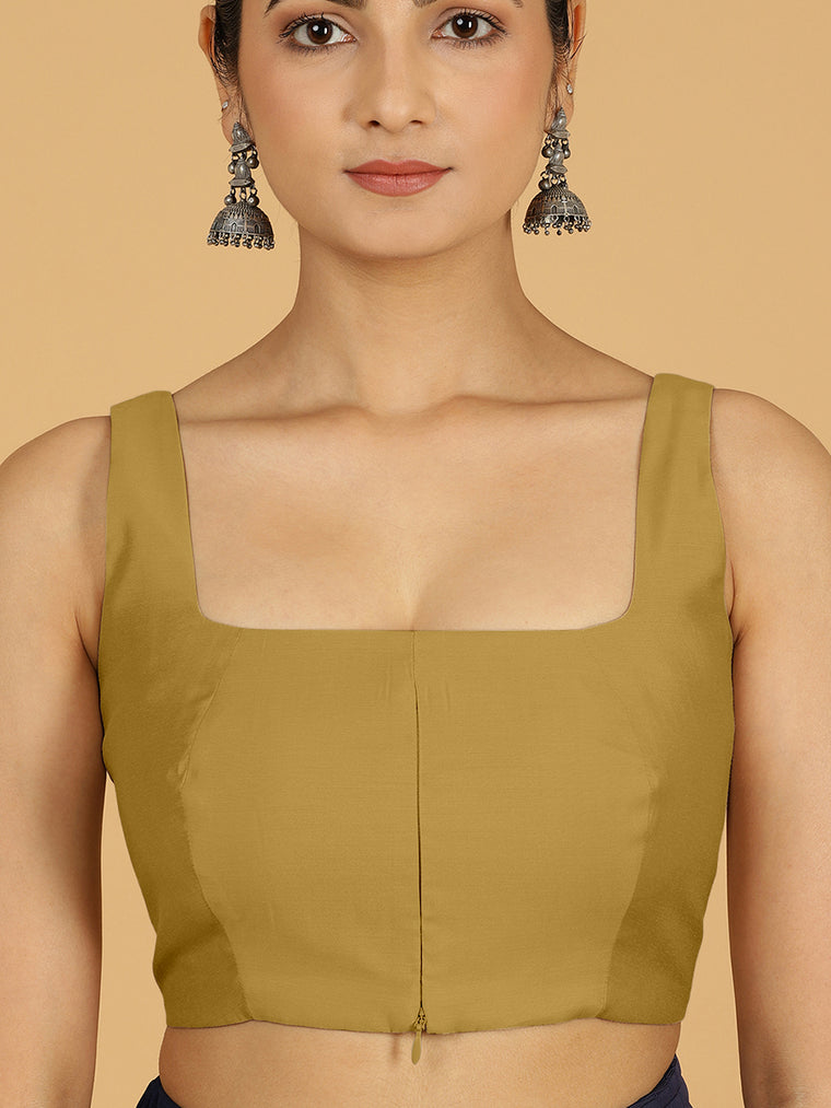 Kasturi x Rozaana Saree Blouse, in Yellow Viscose, featuring sleeveless and square neckline, made for daily & work (view 3).