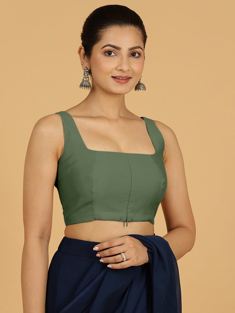 Kasturi x Rozaana Saree Blouse, in Green Viscose, featuring sleeveless and square neckline, made for daily & work.
