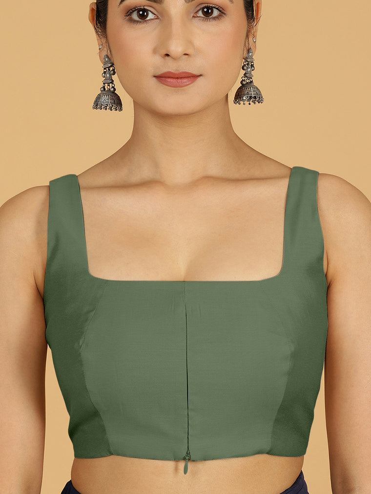 Kasturi x Rozaana Saree Blouse, in Green Viscose, featuring sleeveless and square neckline, made for daily & work (view 3).