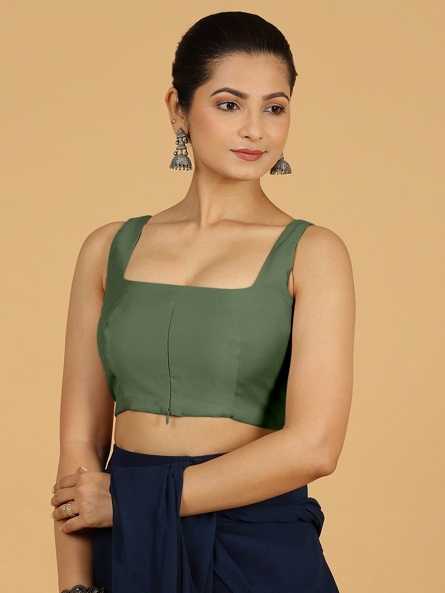 Kasturi x Rozaana Saree Blouse, in Green Viscose, featuring sleeveless and square neckline, made for daily & work (view 7).