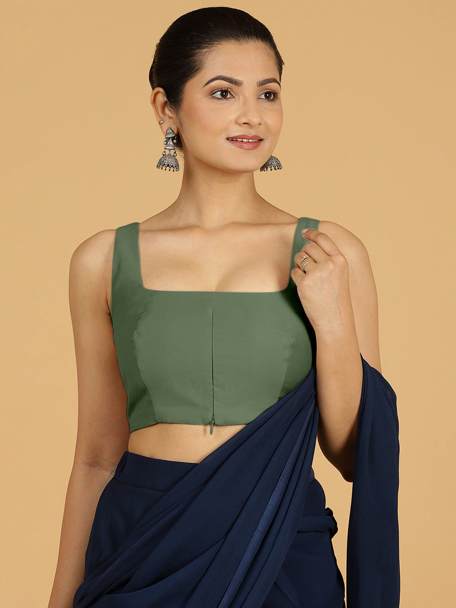 Kasturi x Rozaana Saree Blouse, in Green Viscose, featuring sleeveless and square neckline, made for daily & work (view 8).