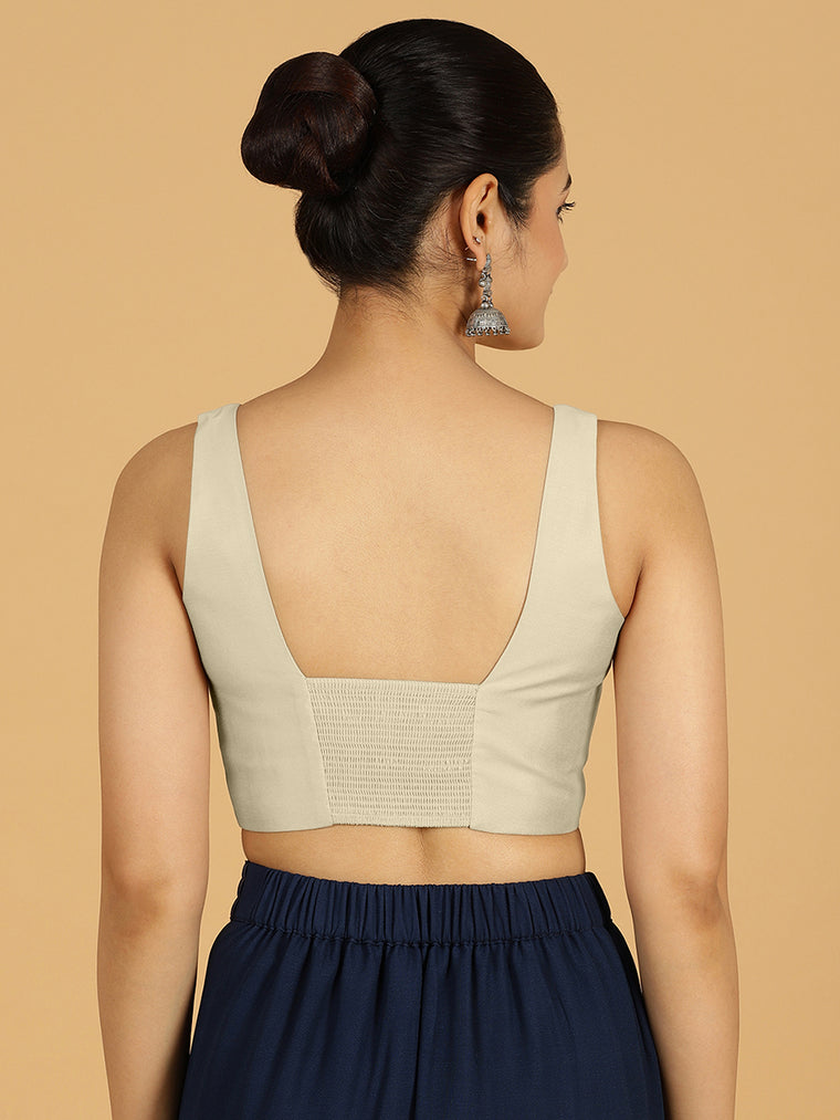 Kasturi x Rozaana Saree Blouse, in Cream Viscose, featuring sleeveless and square neckline, made for daily & work (view 2).