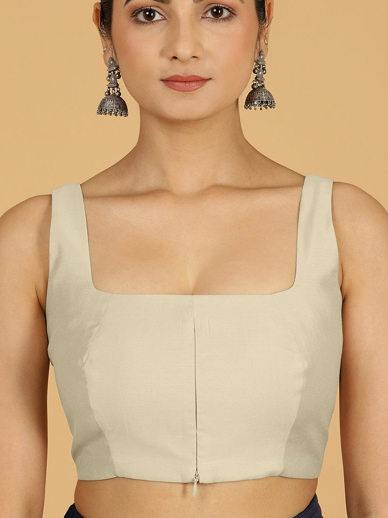 Kasturi x Rozaana Saree Blouse, in Cream Viscose, featuring sleeveless and square neckline, made for daily & work (view 3).