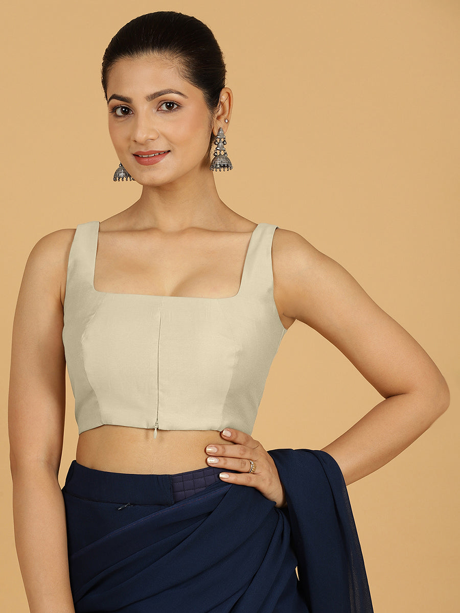 Kasturi x Rozaana Saree Blouse, in Cream Viscose, featuring sleeveless and square neckline, made for daily & work (view 6).