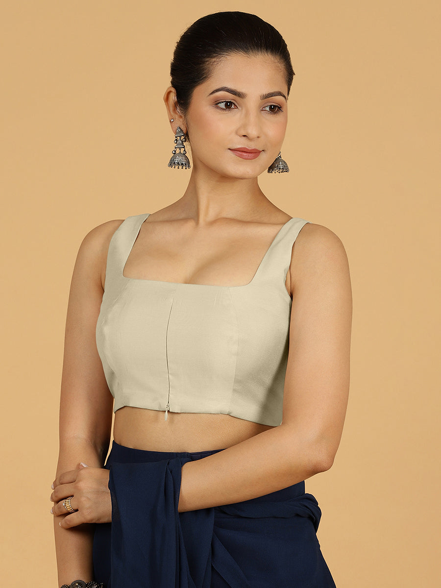 Kasturi x Rozaana Saree Blouse, in Cream Viscose, featuring sleeveless and square neckline, made for daily & work (view 7).