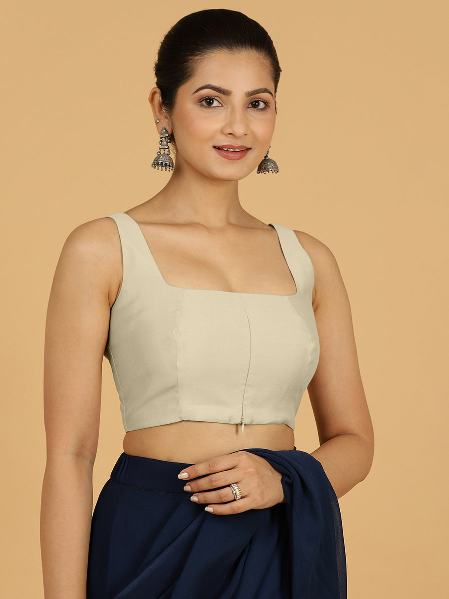 Kasturi x Rozaana Saree Blouse, in Cream Viscose, featuring sleeveless and square neckline, made for daily & work (view 8).
