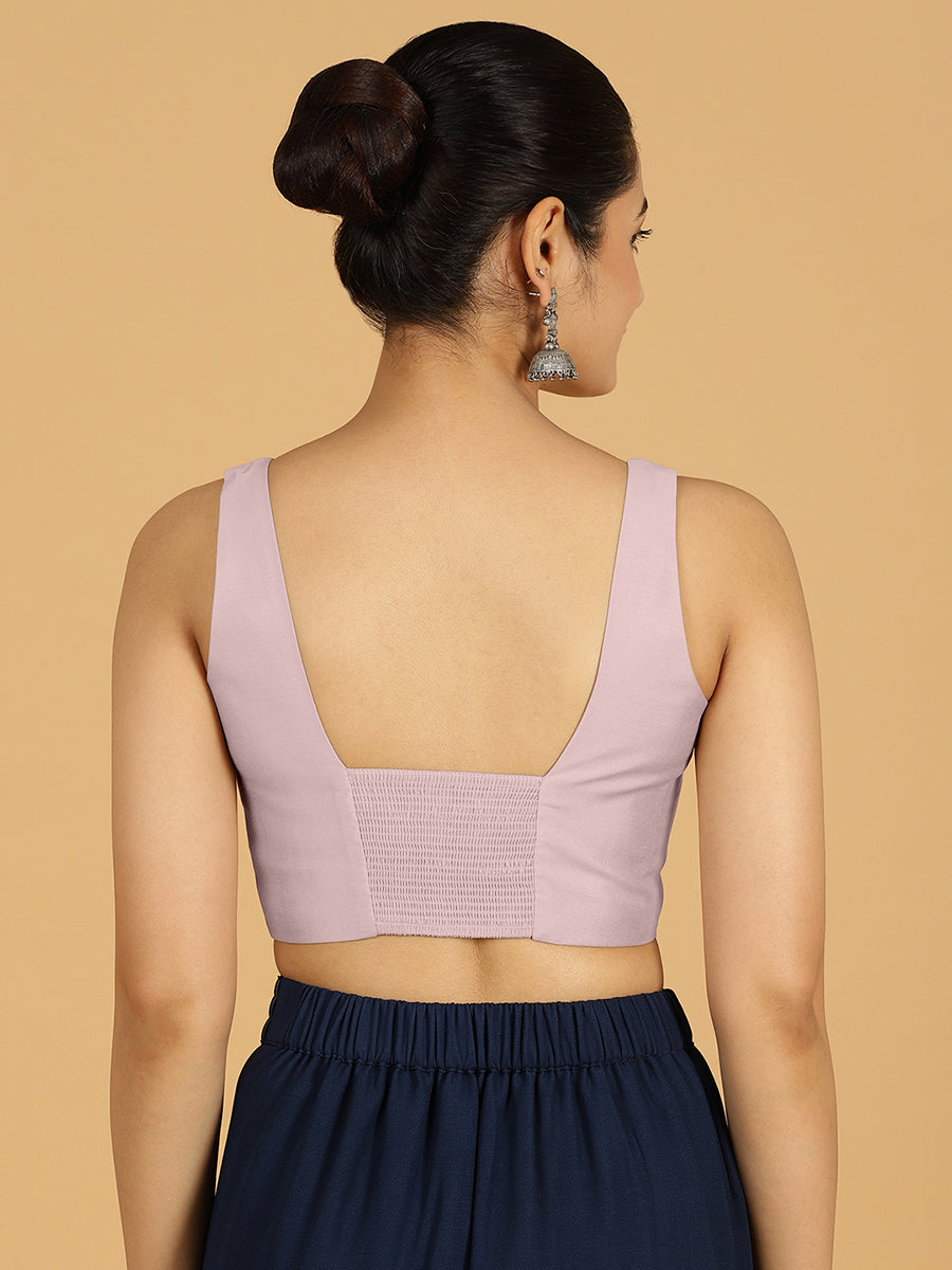 Kasturi x Rozaana Saree Blouse, in Purple Viscose, featuring sleeveless and square neckline, made for daily & work (view 2).