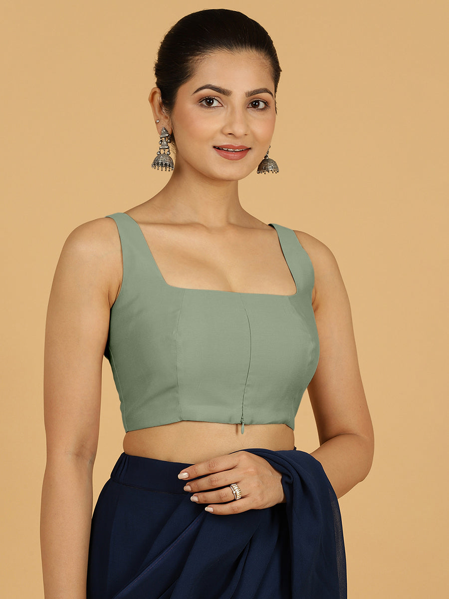 Kasturi x Rozaana Saree Blouse, in Green Viscose, featuring sleeveless and square neckline, made for daily & work (view 8).