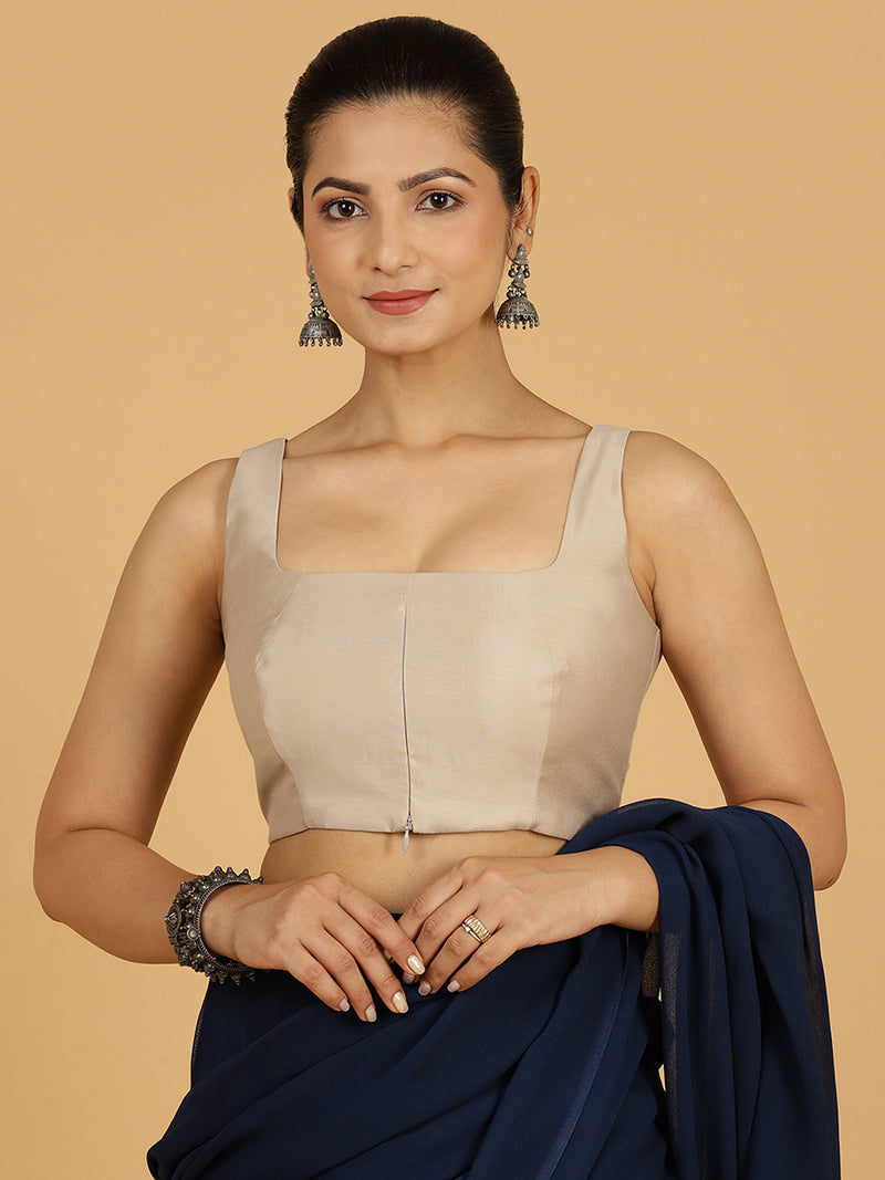 Kasturi x Rozaana | Sleeveless Saree Blouse in Oyster Grey-Binks