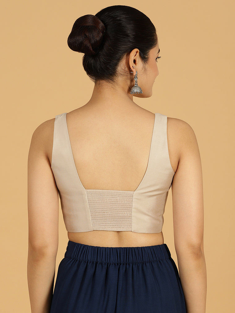 Kasturi x Rozaana Saree Blouse, in Grey Viscose, featuring sleeveless and square neckline, made for daily & work (view 2).
