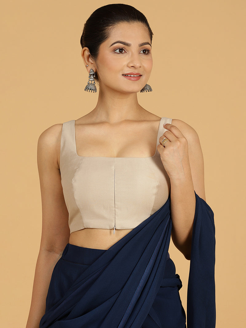 Kasturi x Rozaana | Sleeveless Saree Blouse in Oyster Grey-Binks