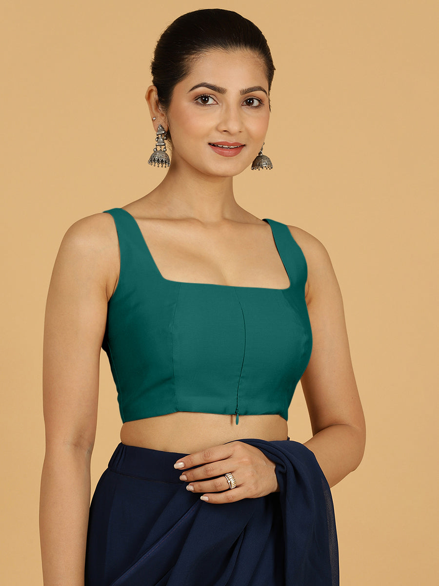 Kasturi x Rozaana Saree Blouse, in Green Viscose, featuring sleeveless and square neckline, made for daily & work (view 7).
