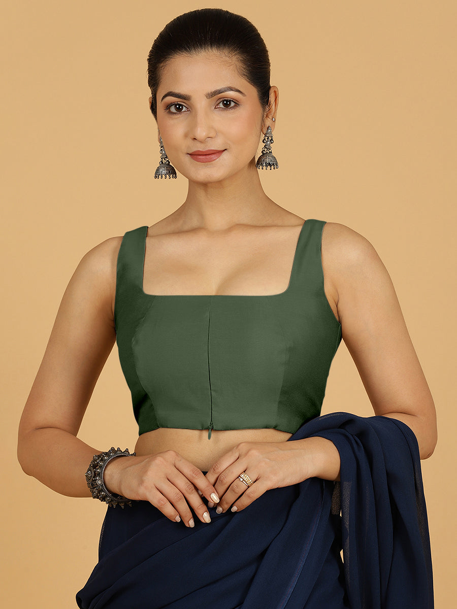 Kasturi x Rozaana Saree Blouse, in Green Viscose, featuring sleeveless and square neckline, made for daily & work.