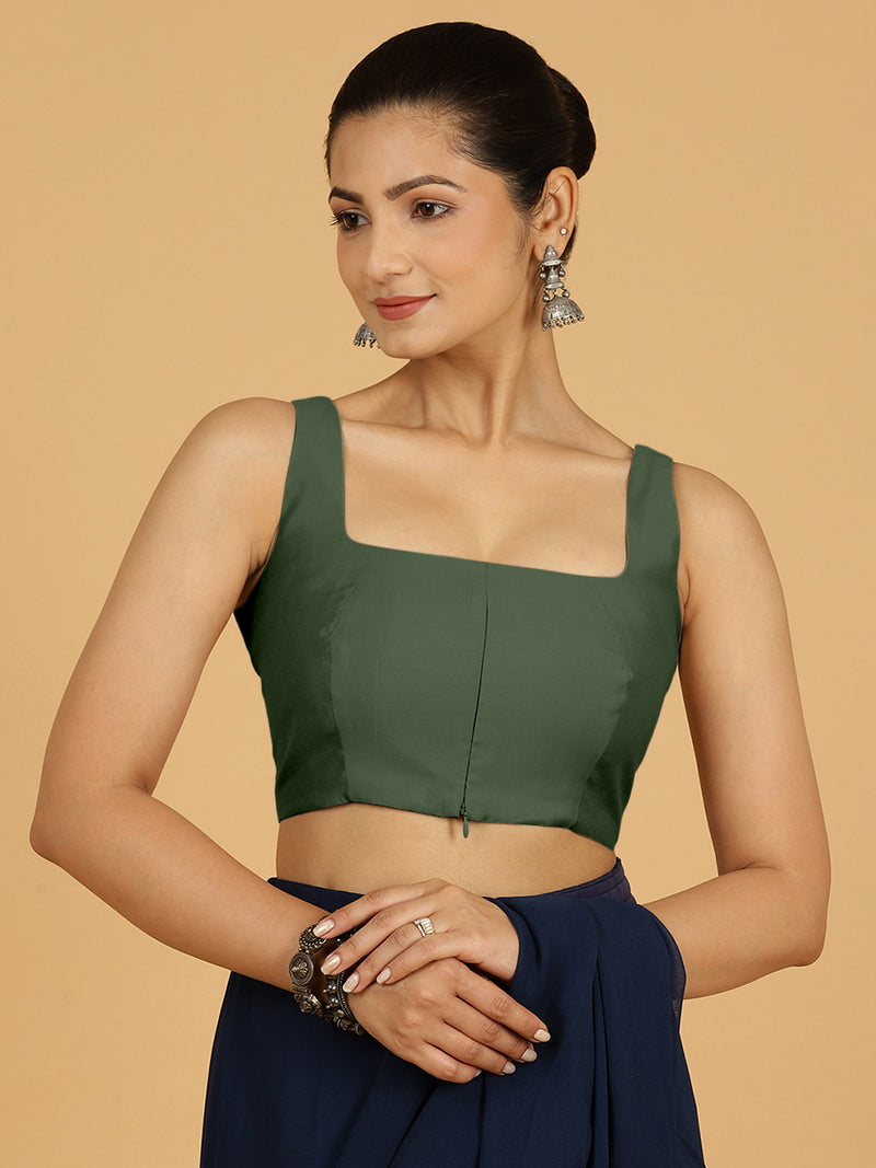 Kasturi x Rozaana | Sleeveless Saree Blouse in Pine Green-Binks