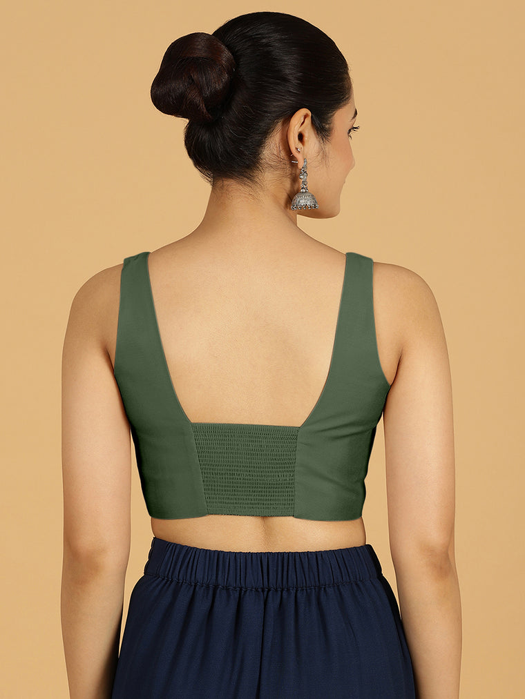 Kasturi x Rozaana Saree Blouse, in Green Viscose, featuring sleeveless and square neckline, made for daily & work (view 2).