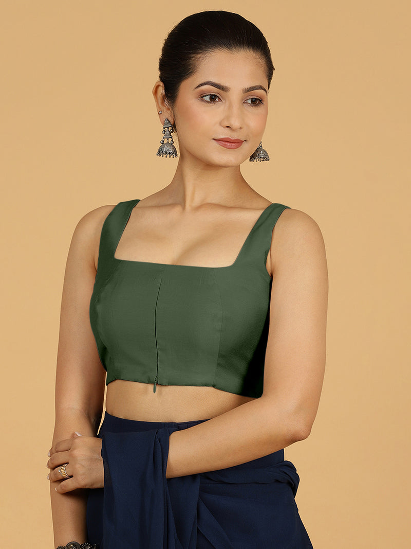 Kasturi x Rozaana | Sleeveless Saree Blouse in Pine Green-Binks