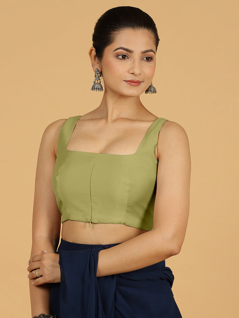 Kasturi x Rozaana Saree Blouse, in Green Viscose, featuring sleeveless and square neckline, made for daily & work.