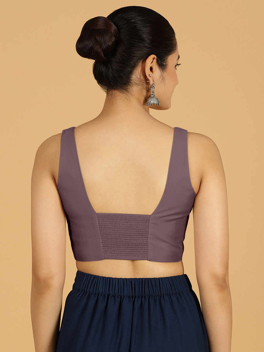 Kasturi x Rozaana Saree Blouse, in Purple Viscose, featuring sleeveless and square neckline, made for daily & work (view 2).