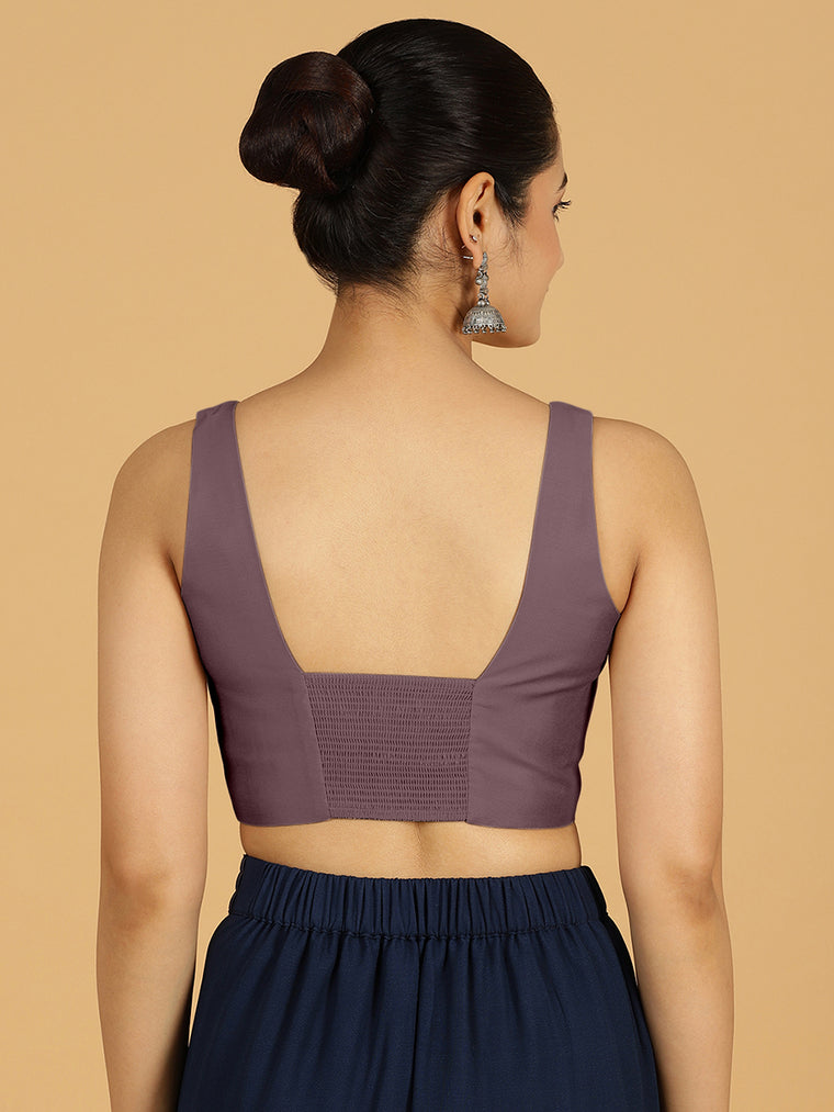 Kasturi x Rozaana Saree Blouse, in Purple Viscose, featuring sleeveless and square neckline, made for daily & work (view 2).