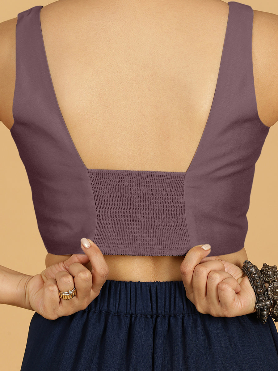Kasturi x Rozaana Saree Blouse, in Purple Viscose, featuring sleeveless and square neckline, made for daily & work (view 4).