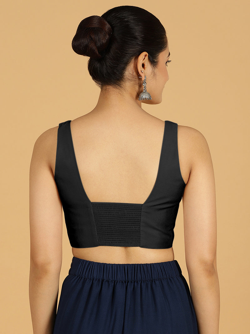 Kasturi x Rozaana | Sleeveless Saree Blouse in Raven Black-Binks