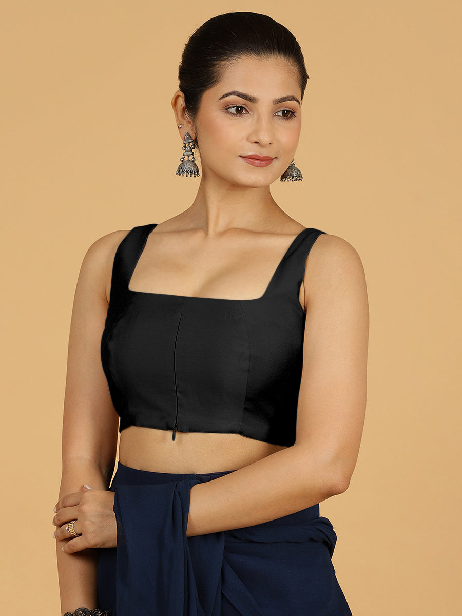 Kasturi x Rozaana Saree Blouse, in Black Viscose, featuring sleeveless and square neckline, made for daily & work (view 7).