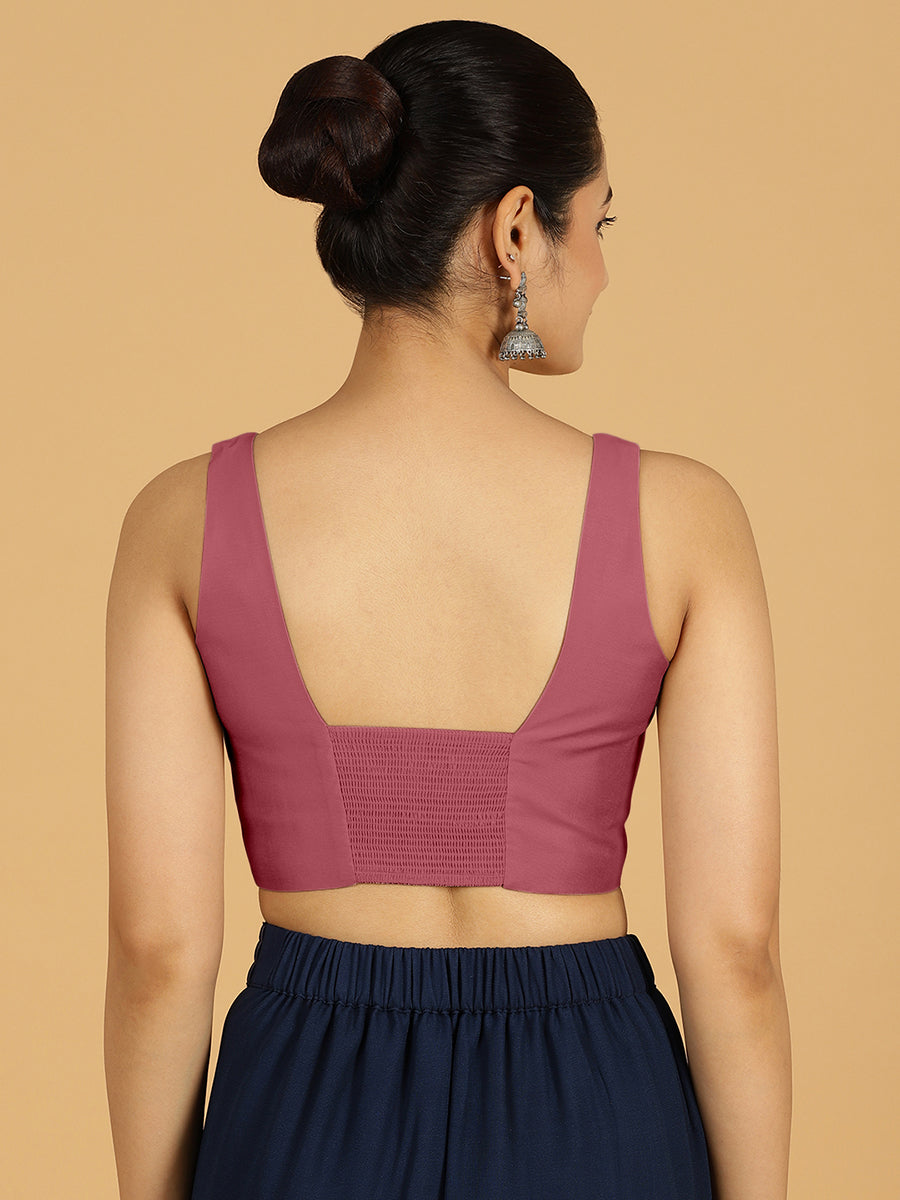 Kasturi x Rozaana Saree Blouse, in Pink Viscose, featuring sleeveless and square neckline, made for daily & work (view 2).