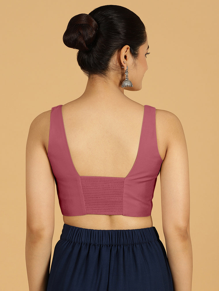 Kasturi x Rozaana Saree Blouse, in Pink Viscose, featuring sleeveless and square neckline, made for daily & work (view 2).