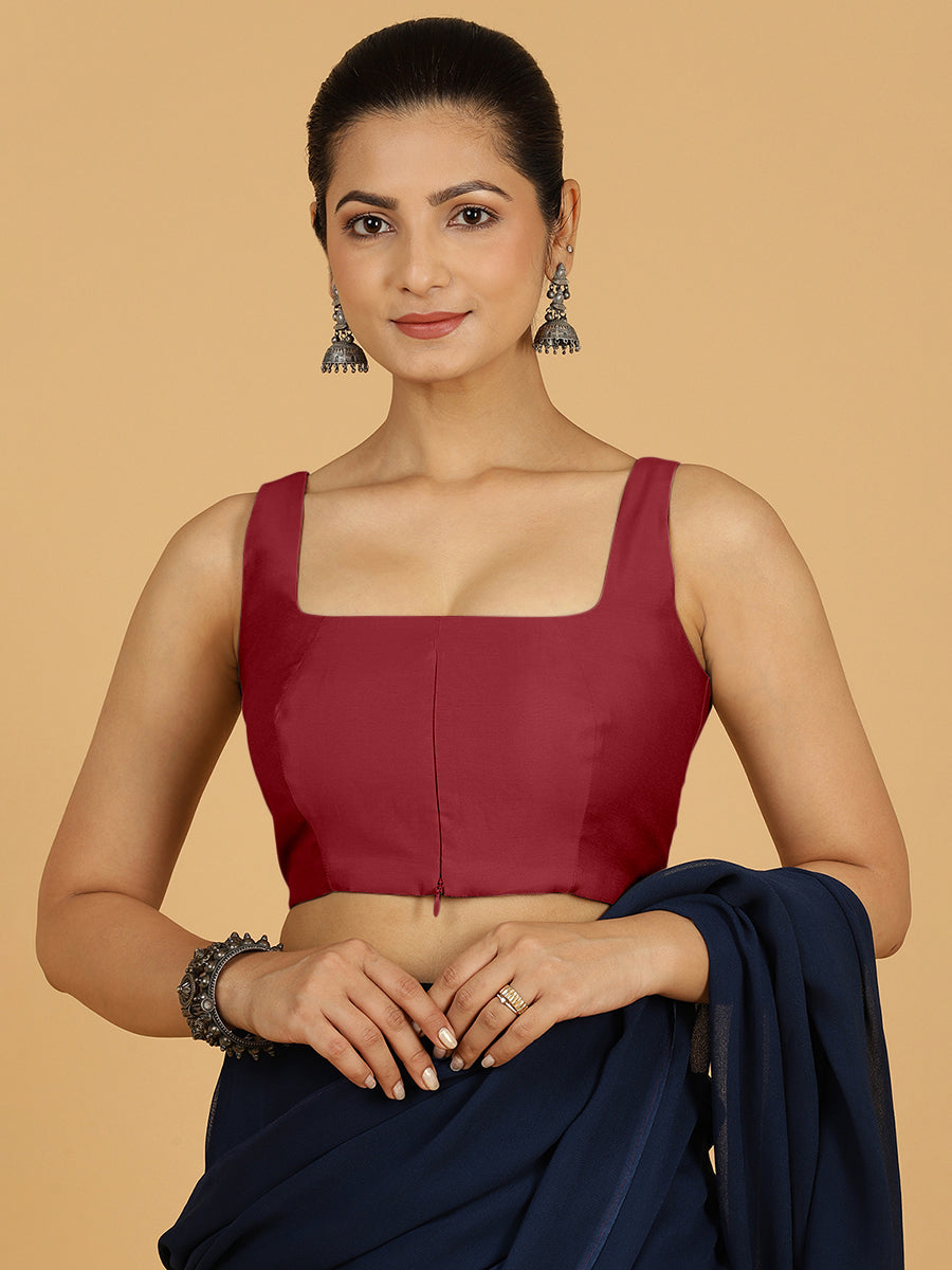 Kasturi x Rozaana Saree Blouse, in Red Viscose, featuring sleeveless and square neckline, made for daily & work (view 2).