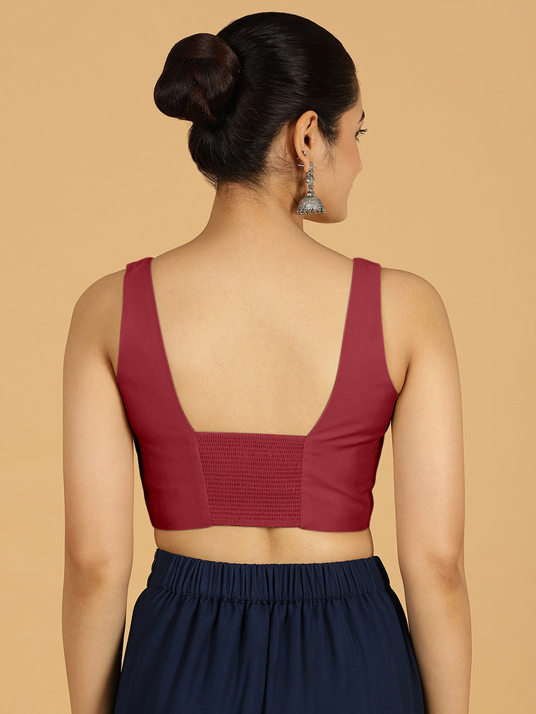Kasturi x Rozaana Saree Blouse, in Red Viscose, featuring sleeveless and square neckline, made for daily & work (view 3).