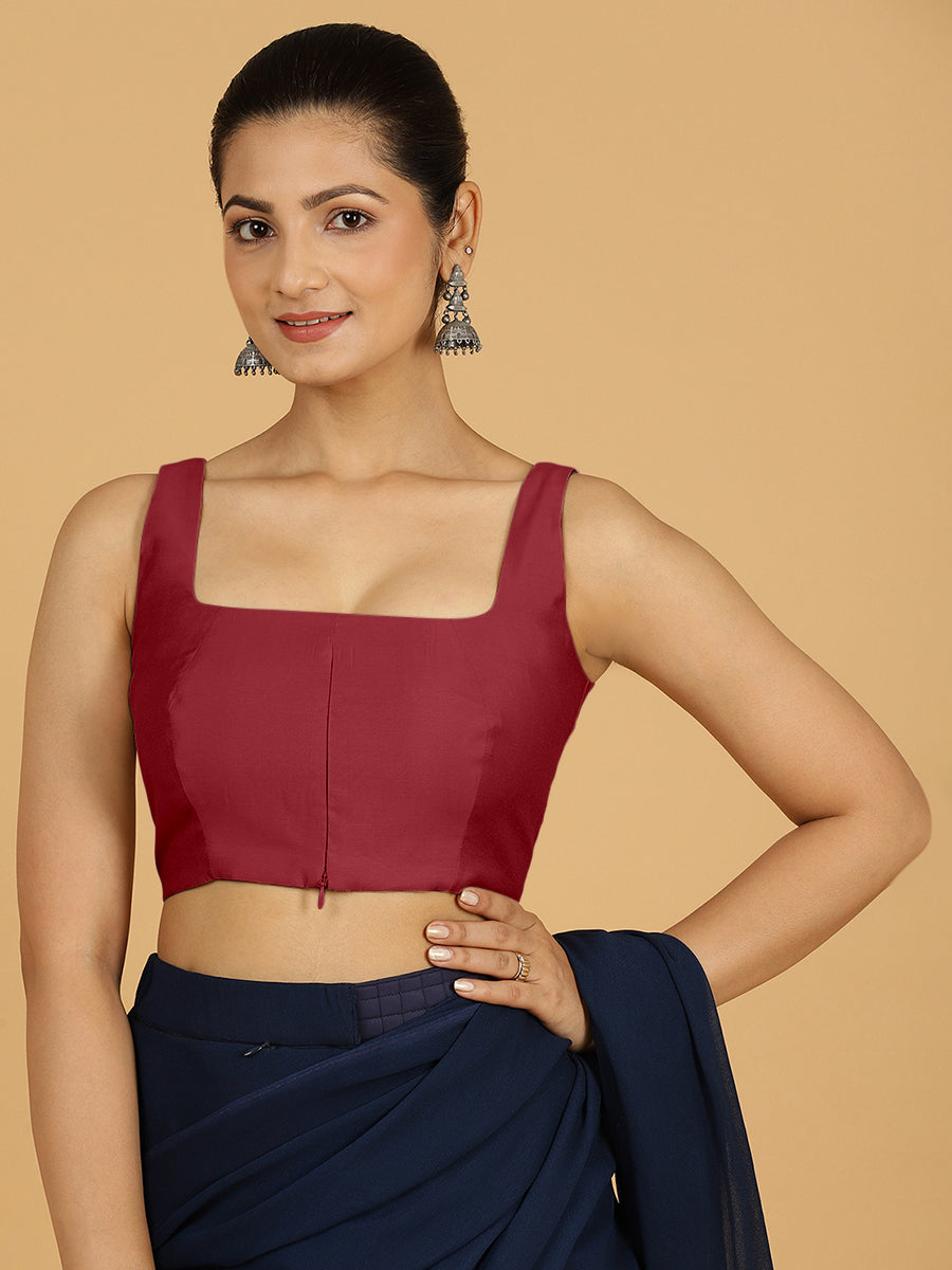 Kasturi x Rozaana Saree Blouse, in Red Viscose, featuring sleeveless and square neckline, made for daily & work (view 7).