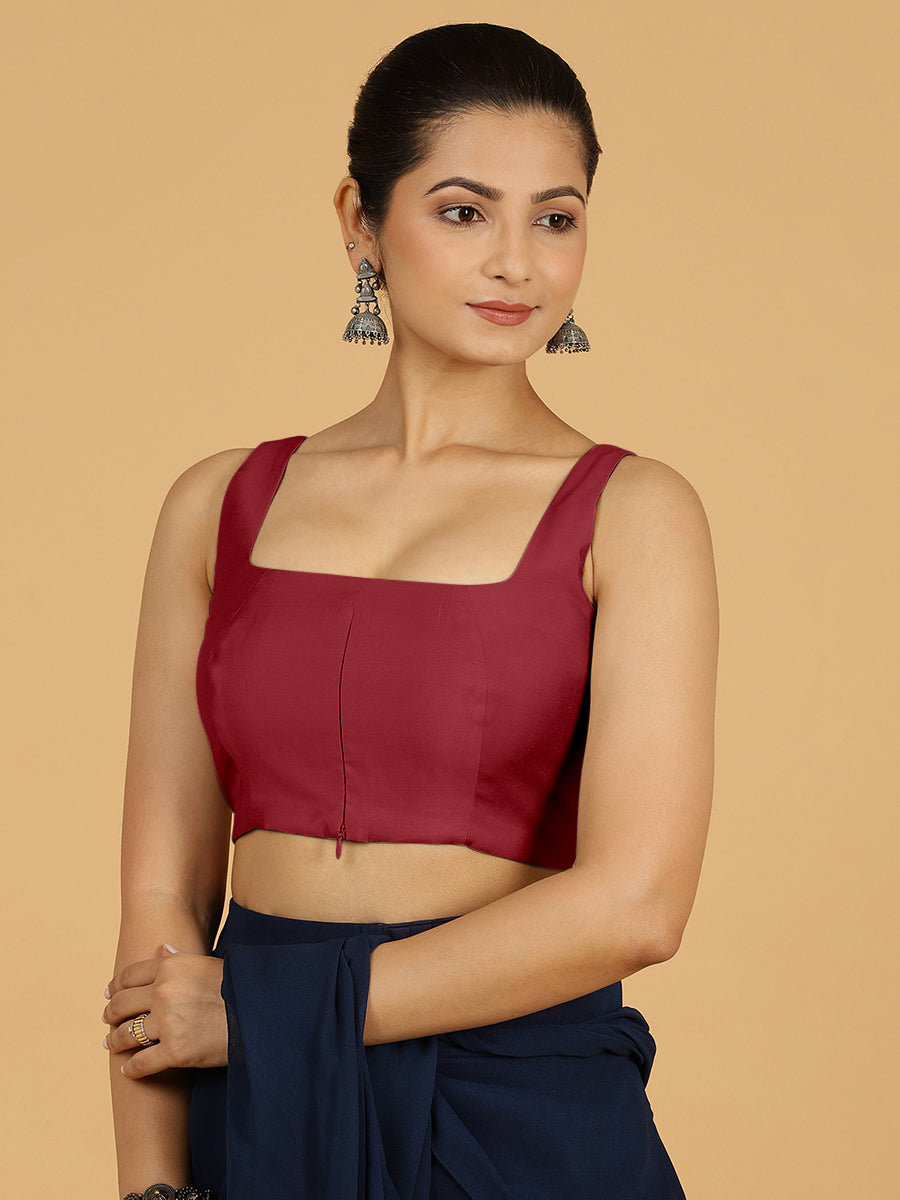 Kasturi x Rozaana Saree Blouse, in Red Viscose, featuring sleeveless and square neckline, made for daily & work (view 8).