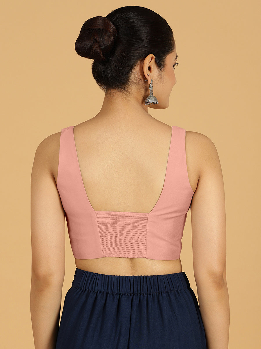 Kasturi x Rozaana Saree Blouse, in Pink Viscose, featuring sleeveless and square neckline, made for daily & work (view 2).