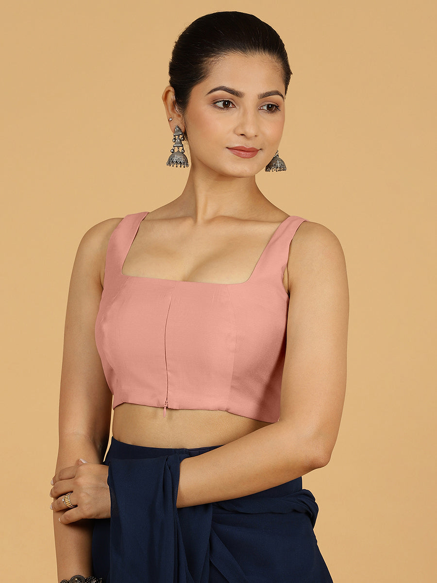 Kasturi x Rozaana Saree Blouse, in Pink Viscose, featuring sleeveless and square neckline, made for daily & work (view 7).