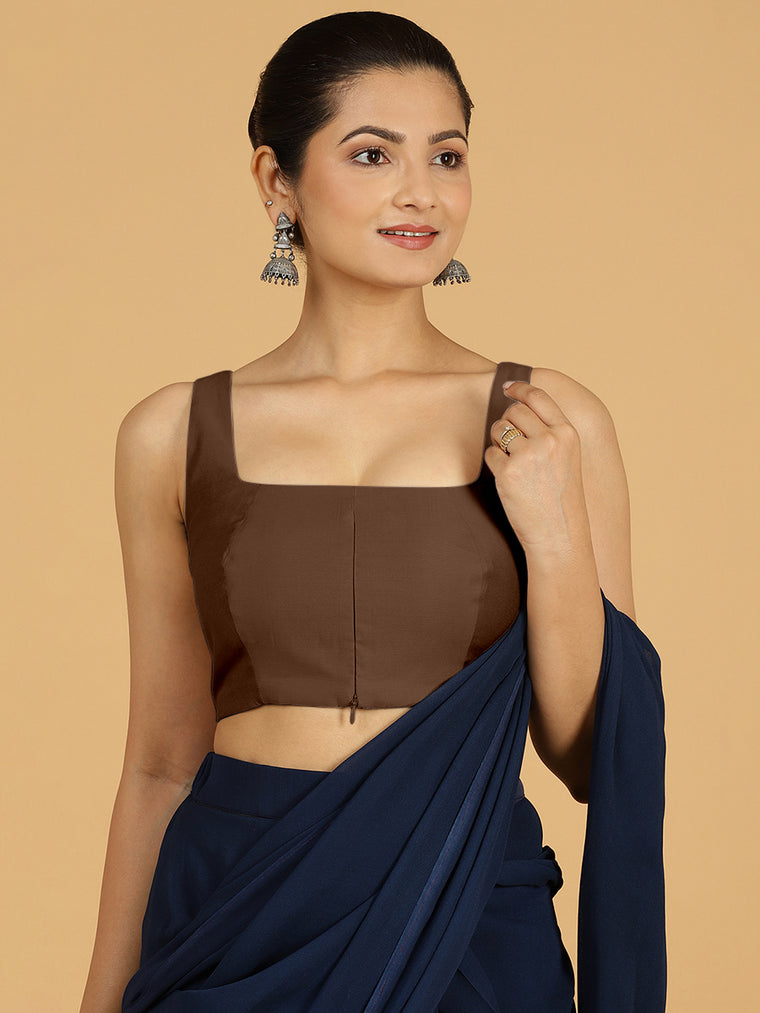 Kasturi x Rozaana Saree Blouse, in Brown Viscose, featuring sleeveless and square neckline, made for daily & work.