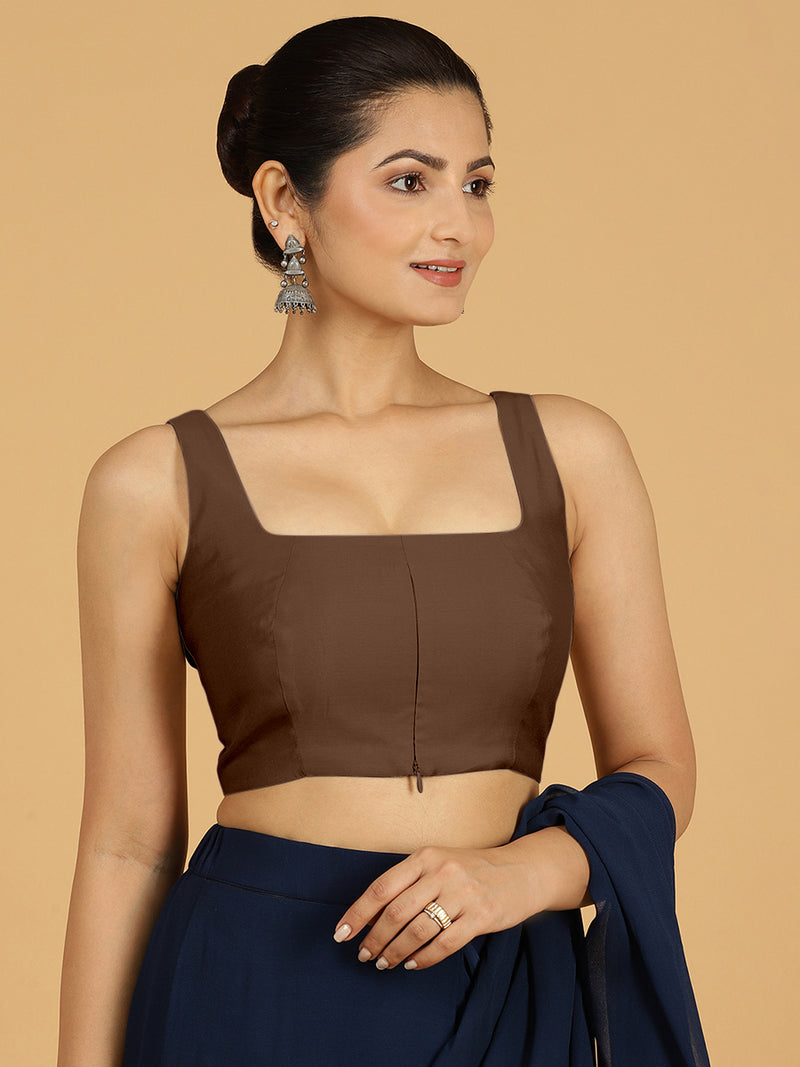 Kasturi x Rozaana | Sleeveless Saree Blouse in Walnut Brown-Binks