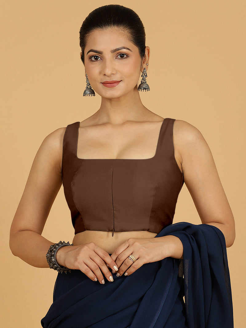 Kasturi x Rozaana | Sleeveless Saree Blouse in Walnut Brown-Binks