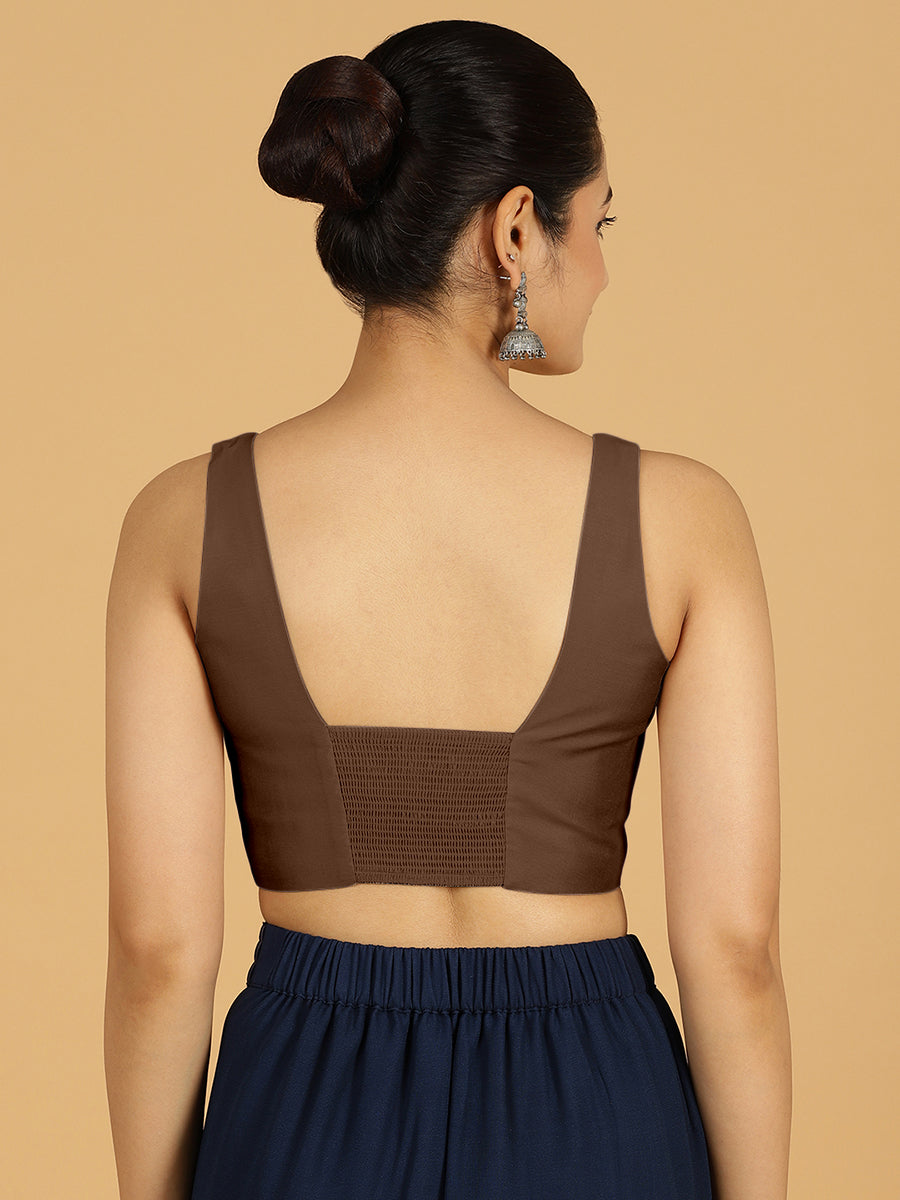 Kasturi x Rozaana Saree Blouse, in Brown Viscose, featuring sleeveless and square neckline, made for daily & work (view 2).