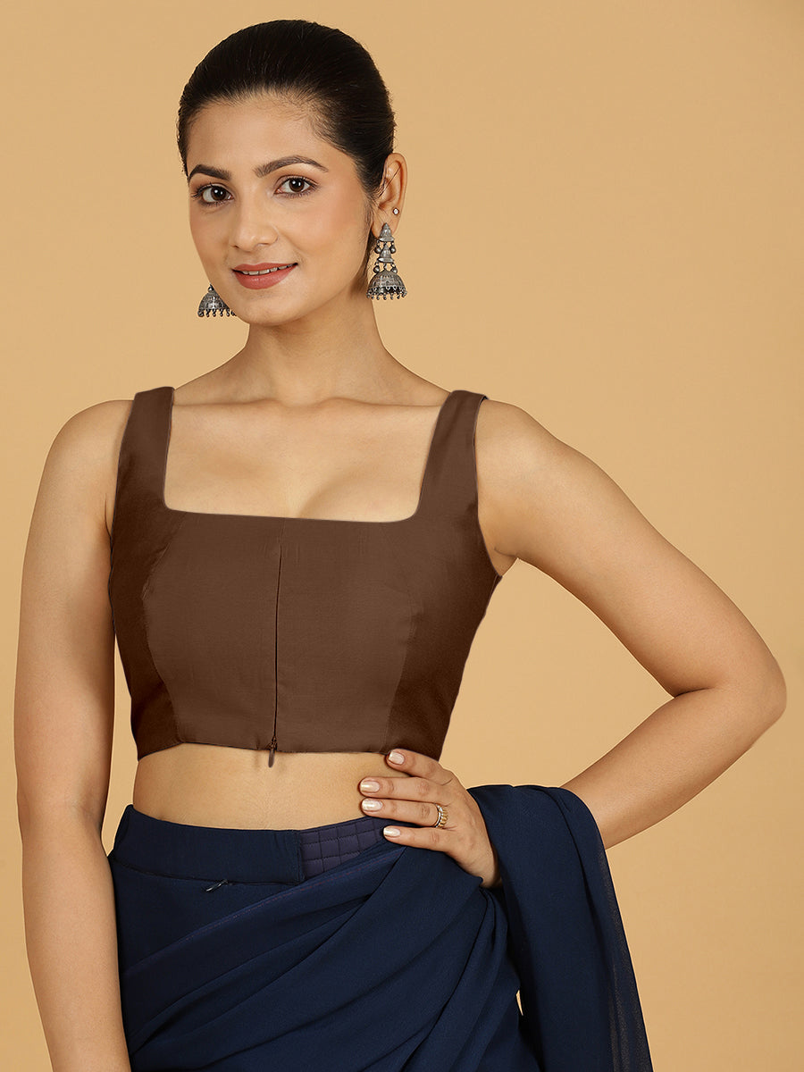 Kasturi x Rozaana Saree Blouse, in Brown Viscose, featuring sleeveless and square neckline, made for daily & work (view 6).