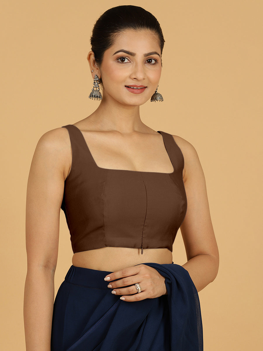 Kasturi x Rozaana Saree Blouse, in Brown Viscose, featuring sleeveless and square neckline, made for daily & work (view 8).
