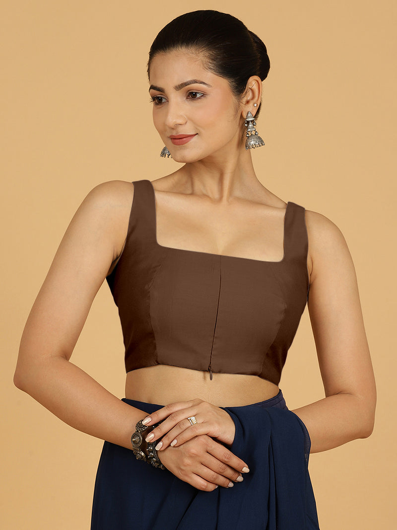 Kasturi x Rozaana | Sleeveless Saree Blouse in Walnut Brown-Binks